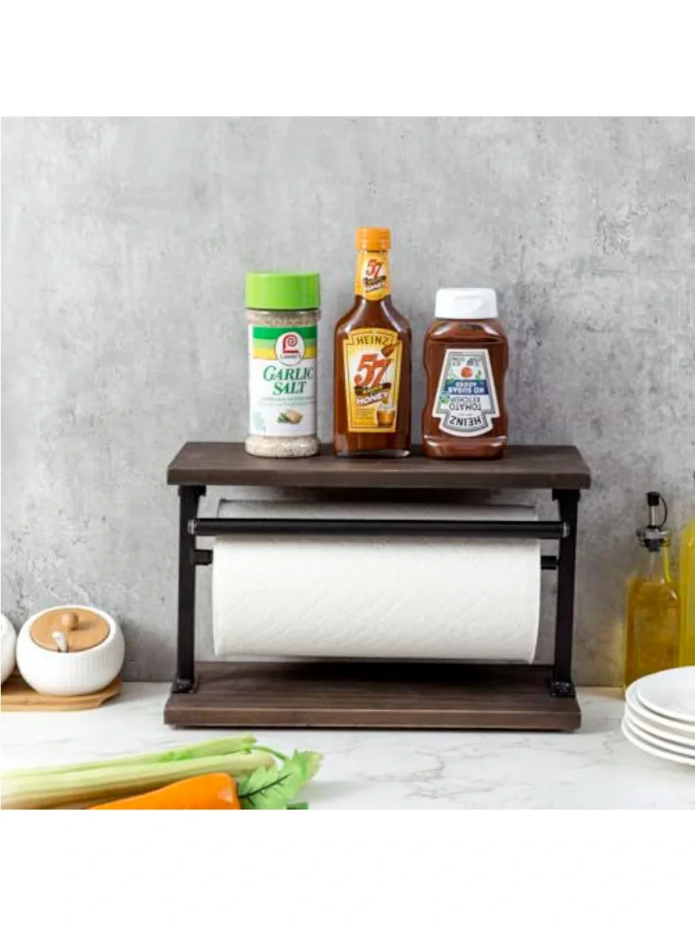 Rustic Wood and Black Metal Paper Towel Holder with Shelf